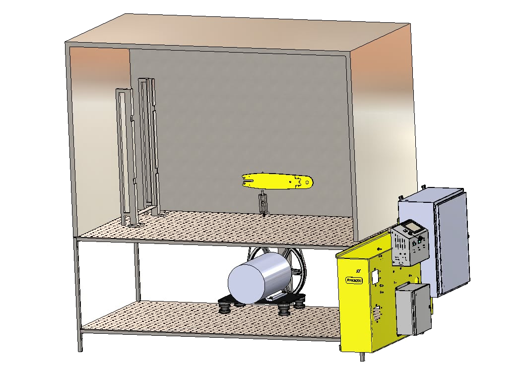 SolidWorks render of the chain-shot test rig: an open enclosure with a saw bar on a mount, the motor and pulley on the lower shelf, and yellow control panels on the side