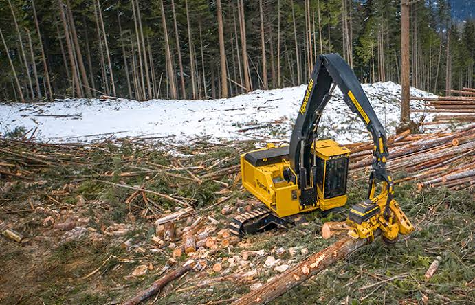 Yellow Tigercat forestry machine working in a snowy clearing among felled logs